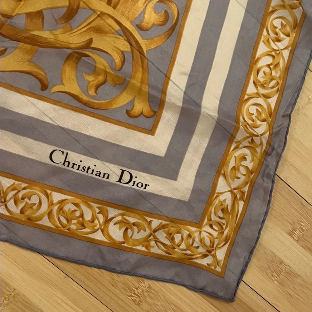 Dior Elegant Gold and Gray Scarf with Polka Dots